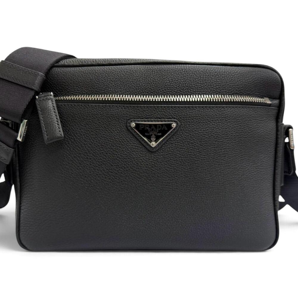 PRADA 2VH094 Leather Triangle Logo Crossbody Bag Shoulder Black Made in Turke...